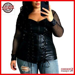 Plus Size Lace Up Ribbed Corset Top Gothic Y2K Mesh Sleeve Casual Wear